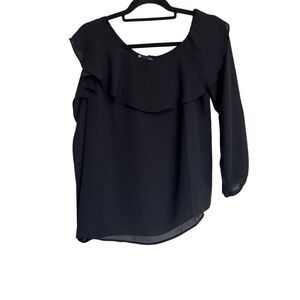 Revolve Krisa Top Womens Medium Black Ruffle‎ Off One Shoulder Long Sleeve